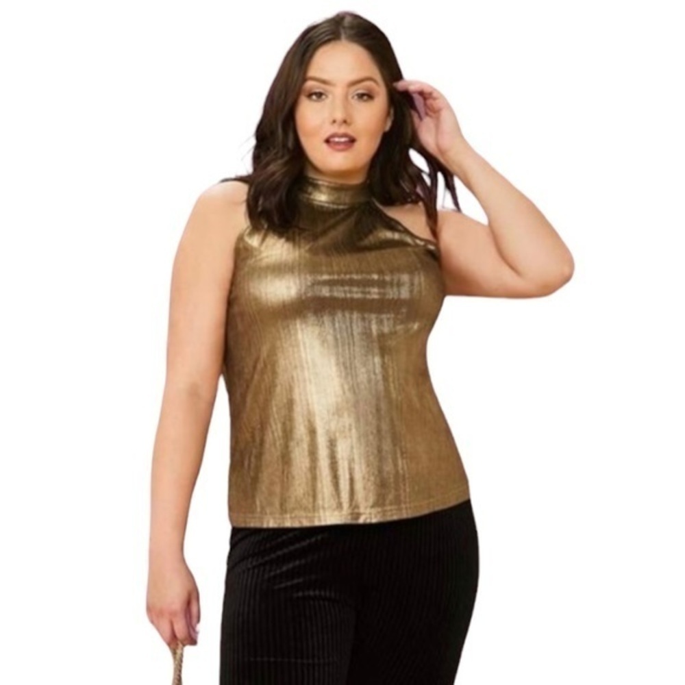 SHEIN Plus Tie Back Metallic Halterneck Top